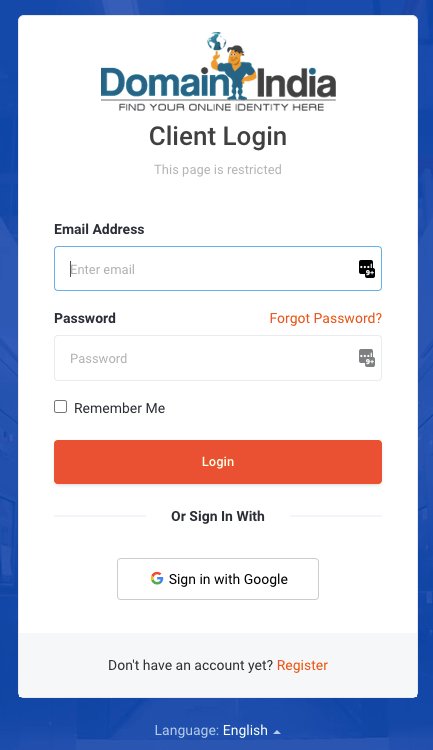 domain india login screen